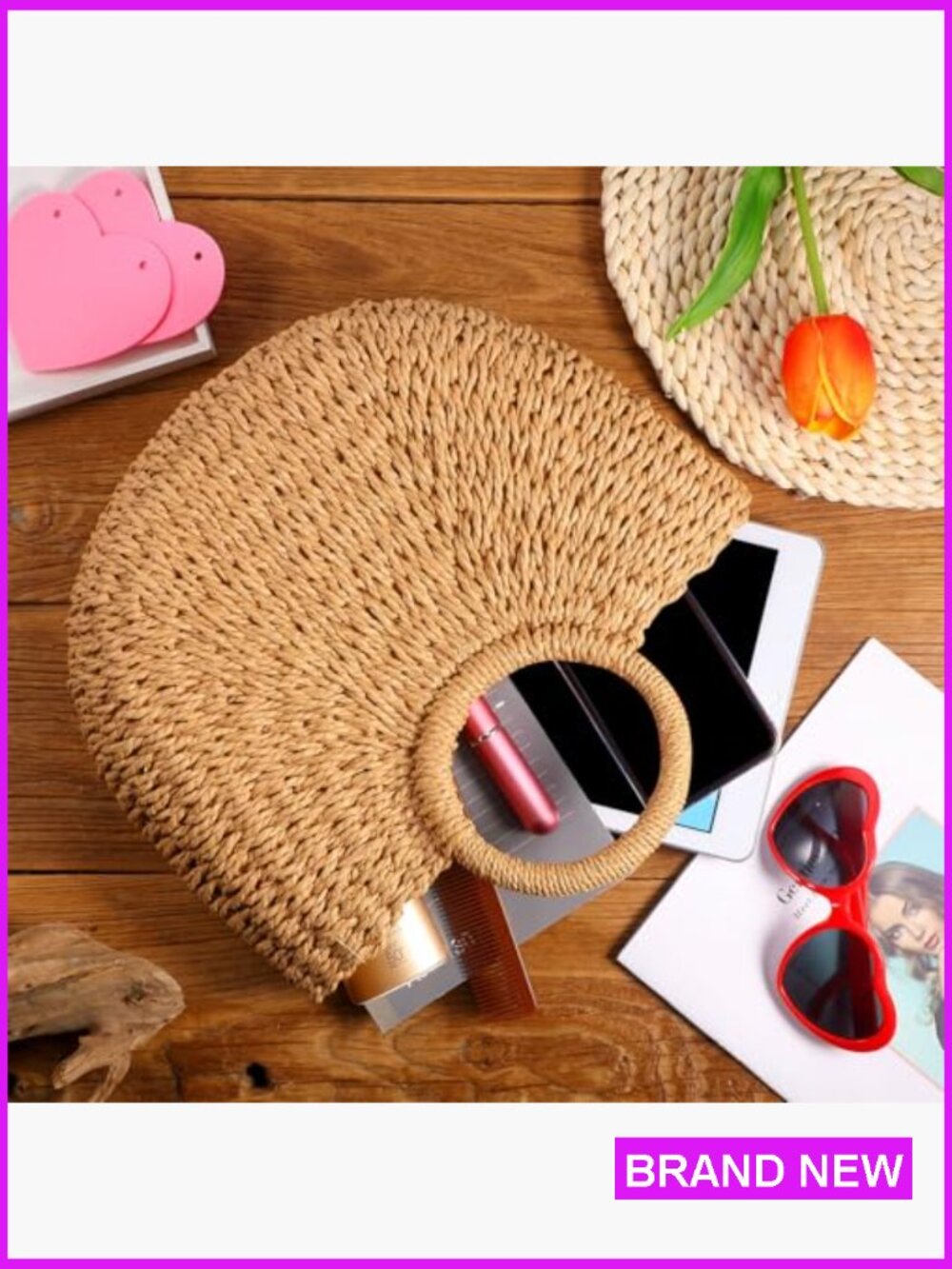 Straw Tote Bag Woven Handbag Beach Summer Travel Handmade Rattan Bag - Picture 3 of 7